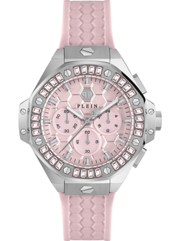 Pink hexagonal dial, three subdials, stone-adorned bezel, textured pink strap, Philipp Plein watch.