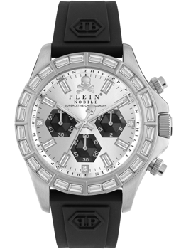 Silver watch with sub-dials, embellished bezel, black strap, and logo clasp. Chronograph design.