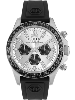 Silver watch face with three black sub-dials, black bezel, and black strap with embossed logo.