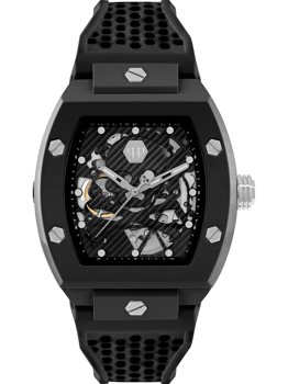 Skeleton watch with visible mechanisms, hexagonal screws, and a perforated textured strap.