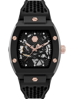 Skeleton watch with hexagonal case, visible screws, and perforated strap; internal mechanisms visible.