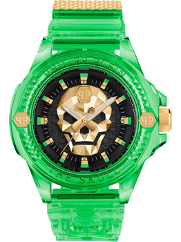 Green translucent wristwatch with gold skull on dial, "PHILIPP PLEIN" and "THE SKULL" on bezel.