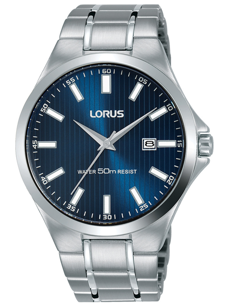 Blue dial Lorus watch with silver markers, date at 3 o\'clock, silver band, water-resistant 50m.