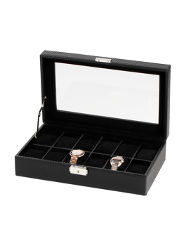 Black watch box with transparent lid, 12 compartments, two watches inside, metal latch closure.
