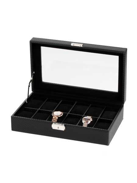 Black watch box with transparent lid, 12 compartments, two watches inside, metal latch closure.