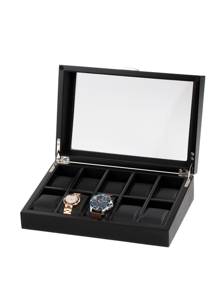 Black watch box with transparent lid, ten padded compartments, and two watches displayed inside.
