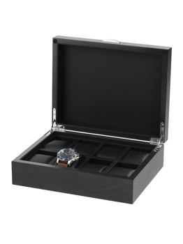 Black watch box with open lid, eight cushioned slots, one watch inside.