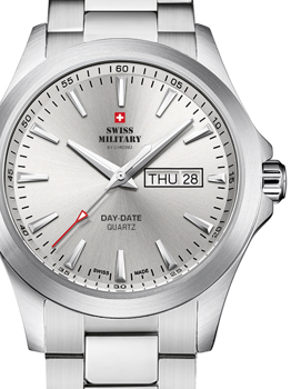 Swiss Military watch with silver dial, day-date window, quartz movement, and metallic bracelet strap.