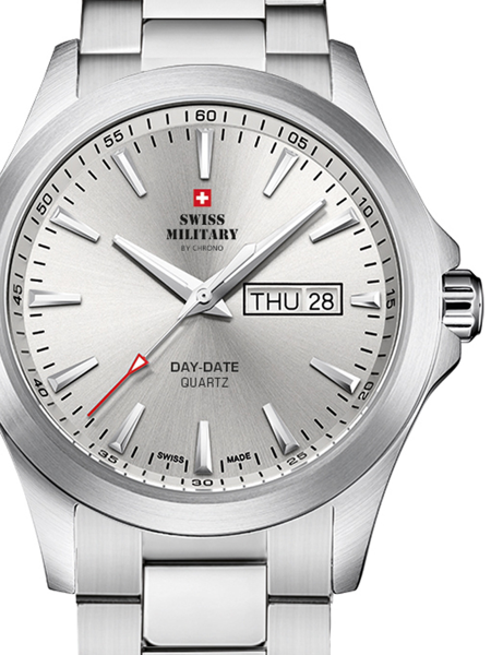 Swiss Military watch with silver dial, day-date window, quartz movement, and metallic bracelet strap.