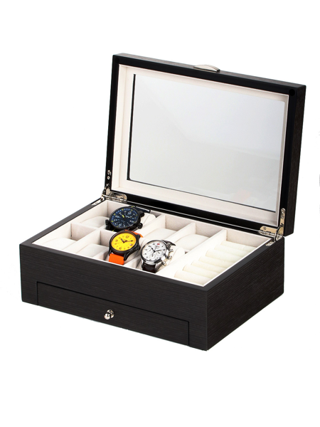 Rothenschild watch box with transparent lid, 8 compartments, 3 visible watches, and lower drawer.