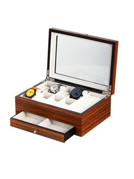 Wooden watch box with clear lid, holds eight watches. Three visible, open drawer below for storage.