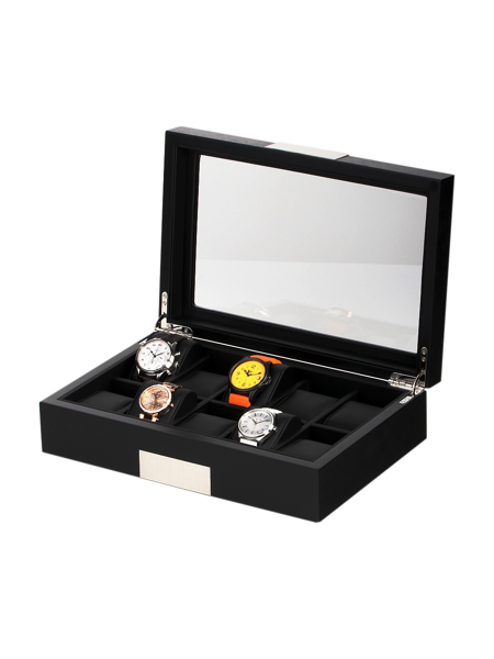 Open black watch box with clear lid, showing four watches in a 10-slot arrangement.