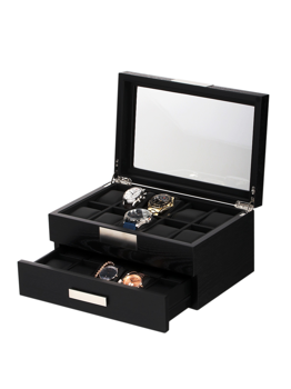 Black watch box with clear lid, grid compartments, and drawer, displaying various watches.
