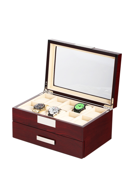 Cherry watch box with transparent lid, compartments for watches, and additional drawer underneath.