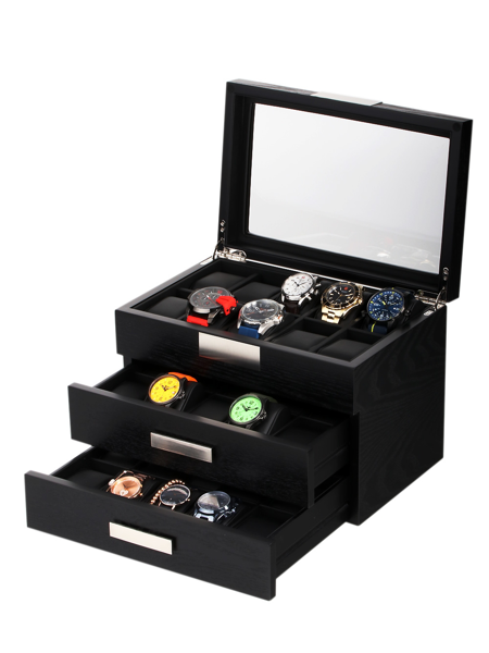 Black watch box with transparent lid and three drawers, each holding multiple watches in compartments.