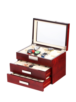 Cherry watch box with transparent lid, two drawers, and compartments for 30 watches.