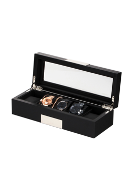 Black watch box with transparent lid, metallic hinges, holding three watches in individual slots.