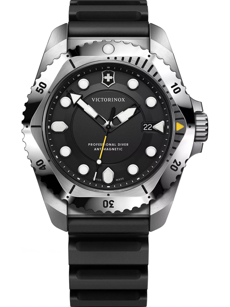 Black dial Victorinox dive watch with luminous markers, rotating bezel, and "Professional Diver" text.