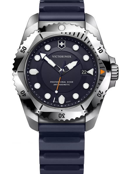 Victorinox Dive Pro watch with dark dial, luminous markers, rotating bezel, and date at 3 o\'clock.