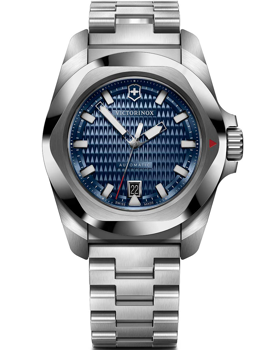 Victorinox men's watch with blue dial, date at 6, Swiss Army logo, stainless steel bracelet.