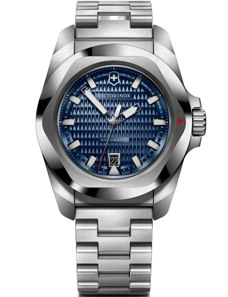Victorinox men\'s watch with blue dial, date at 6, Swiss Army logo, stainless steel bracelet.