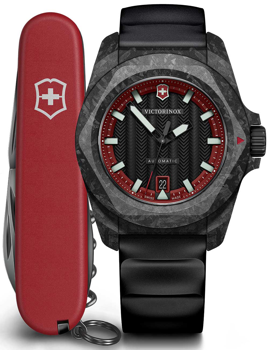 Victorinox men's watch with chevron face, red accents, date at 6 o'clock, and Swiss Army knife.