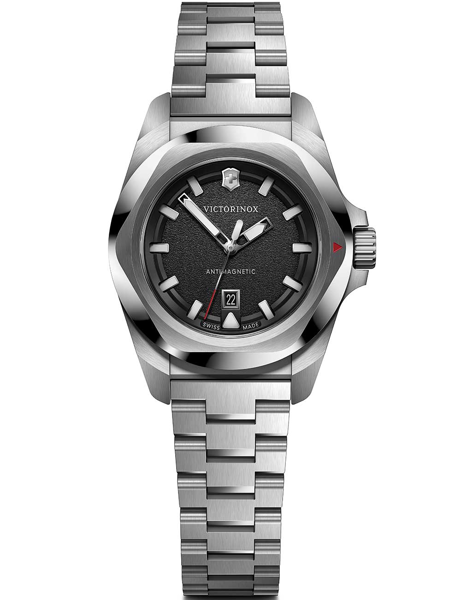 Victorinox ladies watch with metallic bracelet, black dial, hour markings, date at 4 o\'clock.