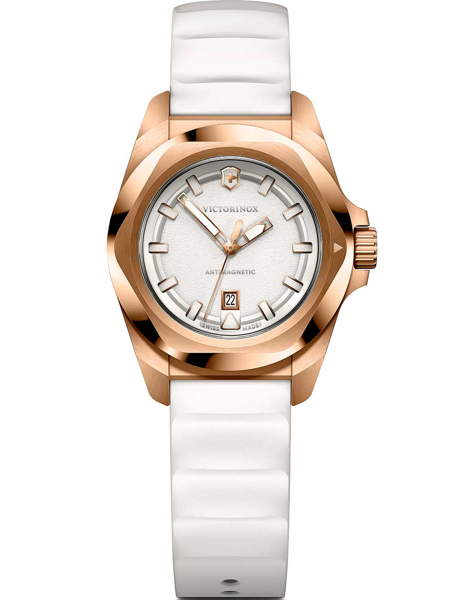 Rose gold Victorinox watch with white strap, date at 6 o\'clock, and "ANTIMAGNETIC" feature.