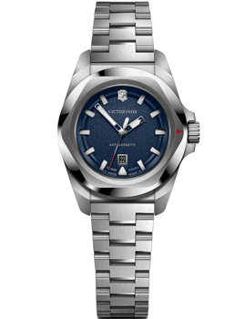 Victorinox ladies watch with blue dial, date at 6, metallic bracelet, and "ANTIMAGNETIC" text.