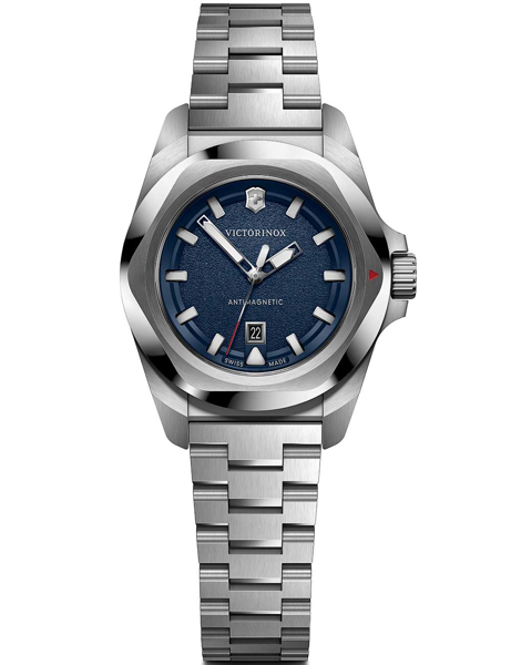 Victorinox ladies watch with blue dial, date at 6, metallic bracelet, and "ANTIMAGNETIC" text.