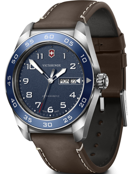 Victorinox watch with blue bezel, day/date at 3 o'clock, brown strap, and antimagnetic feature.