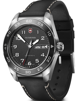 Black dial watch with silver markers, day-date display, antimagnetic label, black strap.
