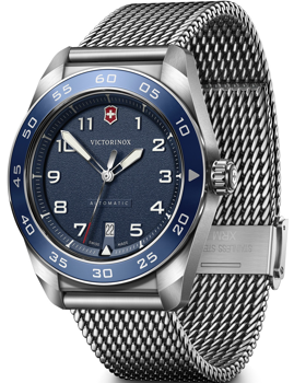 Blue dial watch with white numerals, red logo at top, date at bottom, and metal mesh strap.