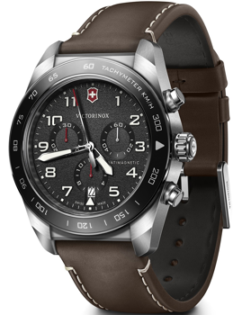 Victorinox men's watch with tachymeter, three sub-dials, and brown stitched strap.