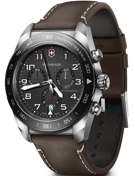 Victorinox men\'s watch with tachymeter, three sub-dials, and brown stitched strap.