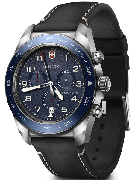 Victorinox Swiss Army watch with blue bezel, sub-dials, date window, and black leather strap.