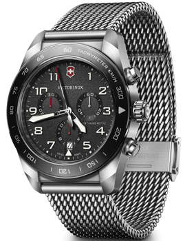 Victorinox Swiss Army watch with chronograph sub-dials, tachymeter bezel, and mesh bracelet.
