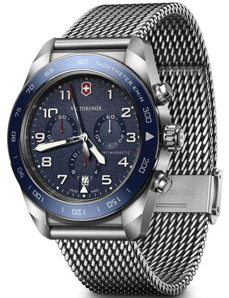 Victorinox men\'s watch with blue face, chronograph subdials, tachymeter bezel, and mesh bracelet.