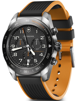 Victorinox men's watch with black dial, orange accents, tachymeter bezel, and two-tone perforated strap.