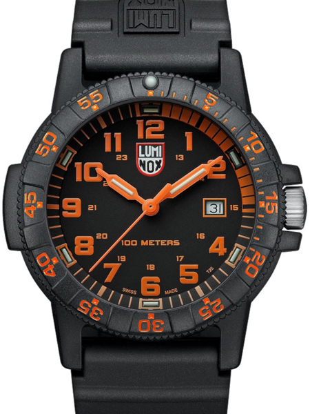 Black watch with orange numerals, rotating bezel, and date display. Water resistant to 100 meters.