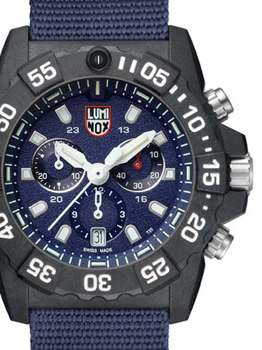 Luminox Navy Seal watch with blue face, three sub-dials, date window, and minute-marked bezel.