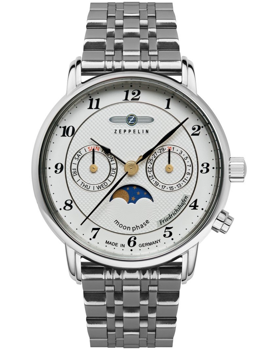 Silver metal wristwatch with moon phase, day/date subdials, and Arabic numerals on white dial.