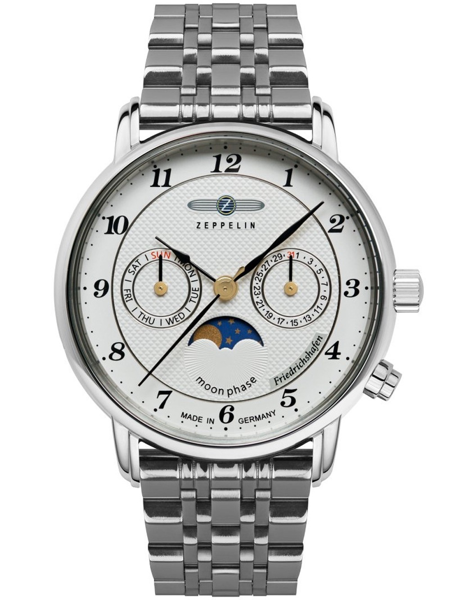 Silver metal wristwatch with moon phase, day/date subdials, and Arabic numerals on white dial.