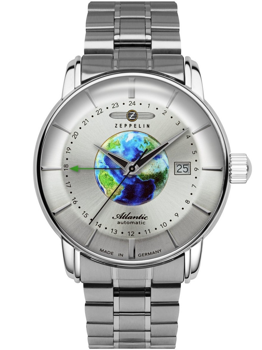 Zeppelin 8468MB-1 watch with Earth dial, date at 3 o'clock, metallic band, and Atlantic Automatic text.