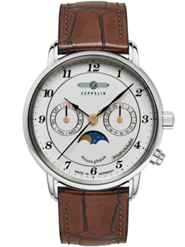 Silver watch with moon phase, day and date sub-dials, and brown leather strap.