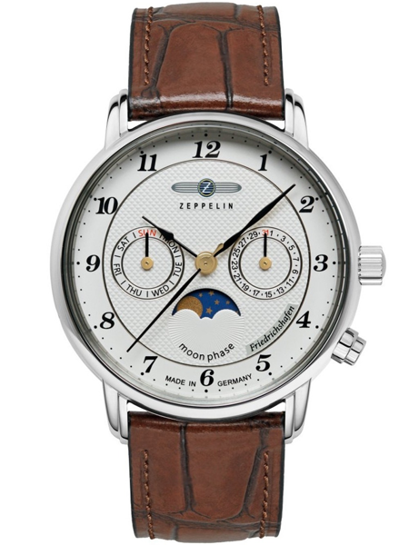 Silver watch with moon phase, day and date sub-dials, and brown leather strap.