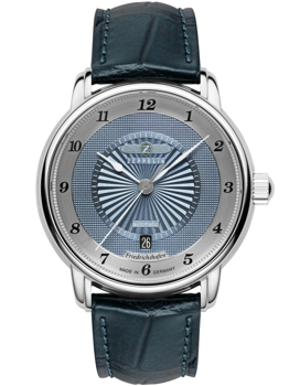Zeppelin 8556-3 watch with radial pattern dial, date at 6 o'clock, and leather strap.