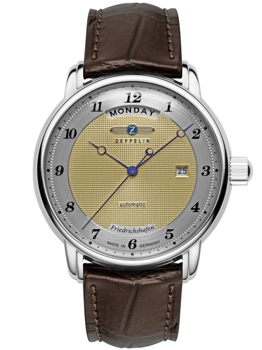 Zeppelin 8562-5 watch with round face, day/date display, automatic movement, brown leather strap.