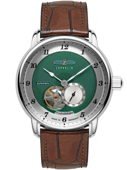 Green dial watch with open-heart, silver casing, brown leather strap, and sub-dial at 7 o'clock.