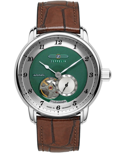 Green dial watch with open-heart, silver casing, brown leather strap, and sub-dial at 7 o\'clock.